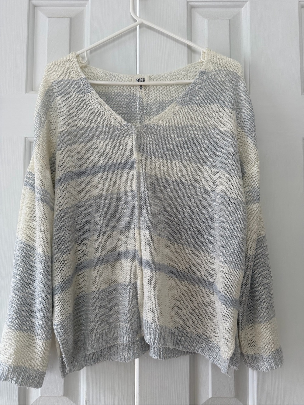 BKE Cream and Light Gray Striped V-Neck Sweater